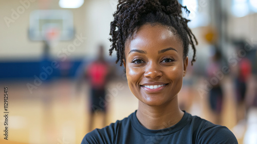 Portrait of a happy african american basketball coach, pretty woman standing on the hardwood court in the basketball gym interior, looking at the camera and smiling. players blurred in the background.