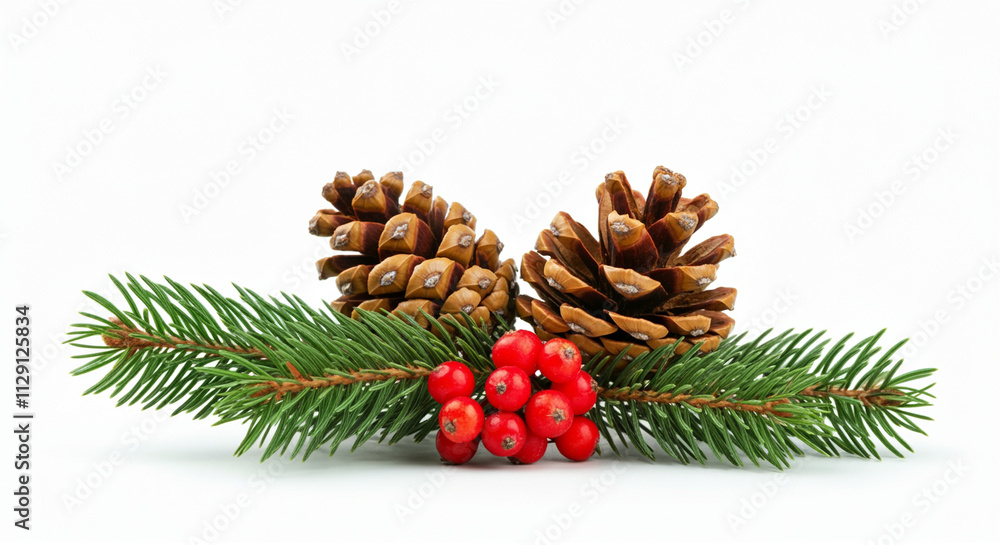 Pine cones and berries on festive green pine branches for holiday decoration Pine cones and berries on festive green pine branches for holiday decoration