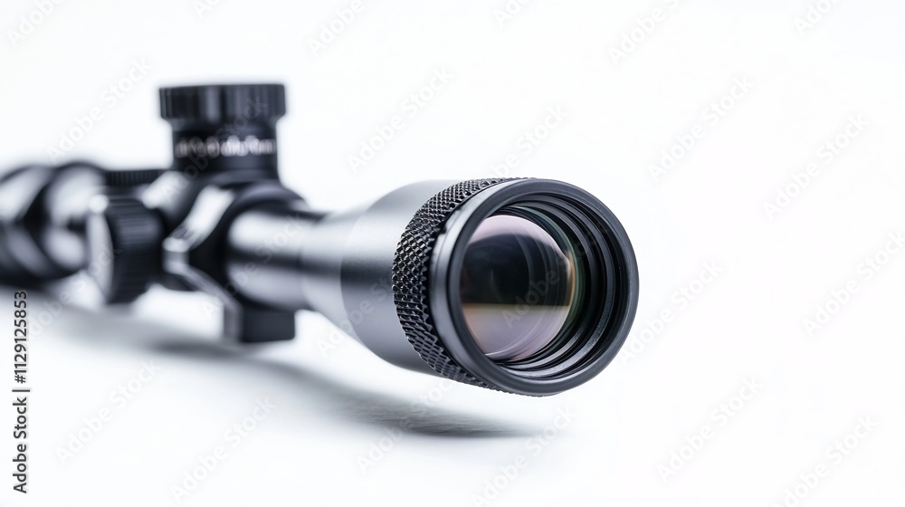 Close-up of Sniper Rifle Scope with Visible Adjustment Knobs on White Background Close-up of Sniper Rifle Scope with Visible Adjustment Knobs on White Background