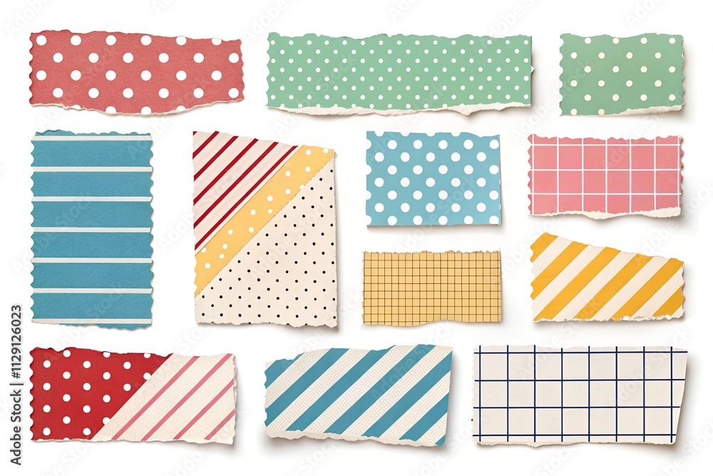 A versatile collection of torn paper with bold polka dots, stripes, and grid patterns in vibrant tones, ideal for DIY crafts, scrapbooking, and modern design projects. A versatile collection of torn paper with bold polka dots, stripes, and grid patterns in vibrant tones, ideal for DIY crafts, scrapbooking, and modern design projects.