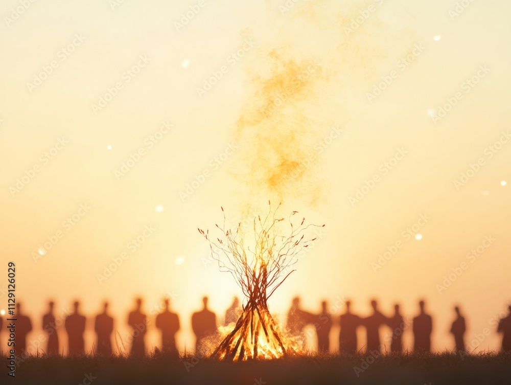 Fototapeta premium Diverse Gathering Around a Bonfire at Sunset Celebrating Winter Traditions
