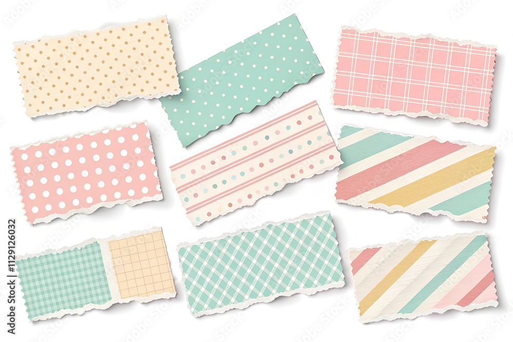 A charming array of pastel torn paper with polka dots, stripes, and plaid patterns. Great for crafting, journaling, or vintage-style art projects. A charming array of pastel torn paper with polka dots, stripes, and plaid patterns. Great for crafting, journaling, or vintage-style art projects.