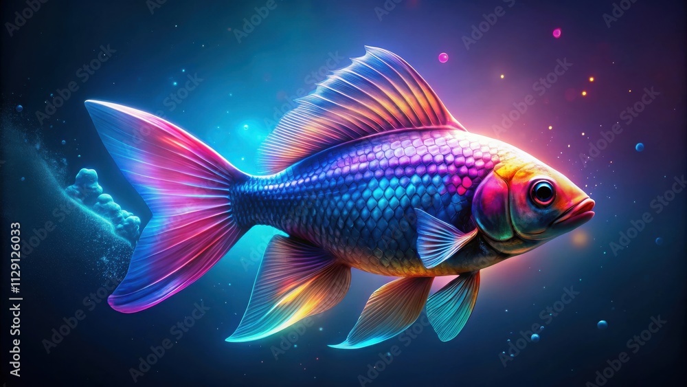 A holographic fish with iridescent scales and fins swims through a shimmering, ethereal underwater world. A holographic fish with iridescent scales and fins swims through a shimmering, ethereal underwater world.