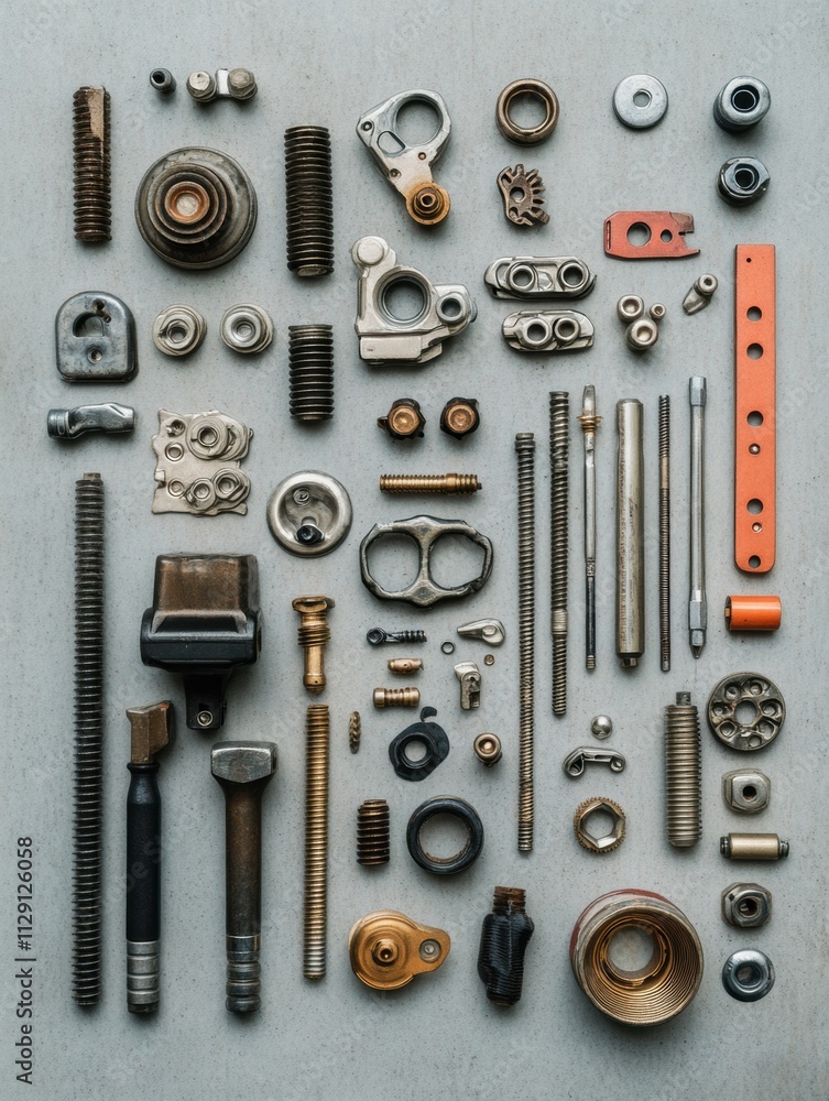 Various car parts and tools such as bolts, nuts, spark plugs, and wrenches are neatly laid out on a gray surface, featuring ample copy space. Generative AI Various car parts and tools such as bolts, nuts, spark plugs, and wrenches are neatly laid out on a gray surface, featuring ample copy space. Generative AI