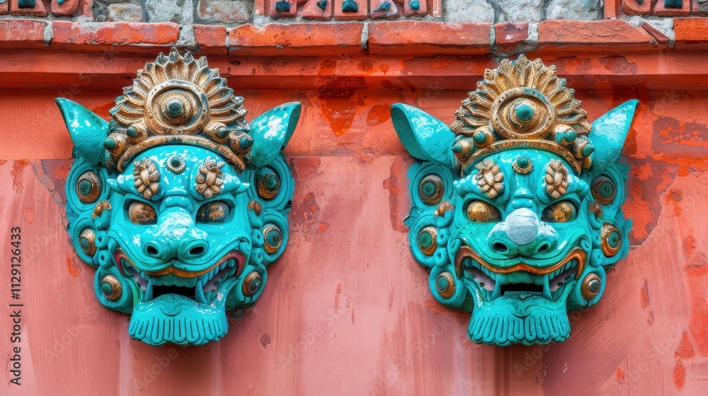 Fototapeta premium Ornate Turquoise Masks on Red Wall