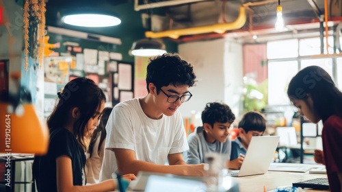 A young entrepreneur mentoring underprivileged youth in a startup incubator, Highlighting empowerment through entrepreneurship, photography style photo