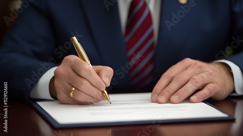 Government Official Signing Enforcement Policy with Legal Symbols