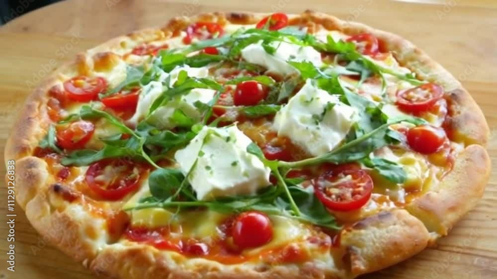 Pizza Caprese with arugula, cheese, yoghurt and cherry tomatoes close up. Homemade delicious vegetarian pizza on wooden table. video footage.Ultra high definition Pizza Caprese with arugula, cheese, yoghurt and cherry tomatoes close up. Homemade delicious vegetarian pizza on wooden table. video footage.Ultra high definition