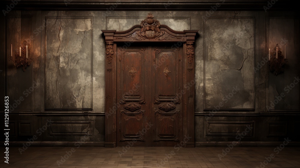 Mysterious Antique Wooden Door in Dimly Lit Abandoned Room Mysterious Antique Wooden Door in Dimly Lit Abandoned Room