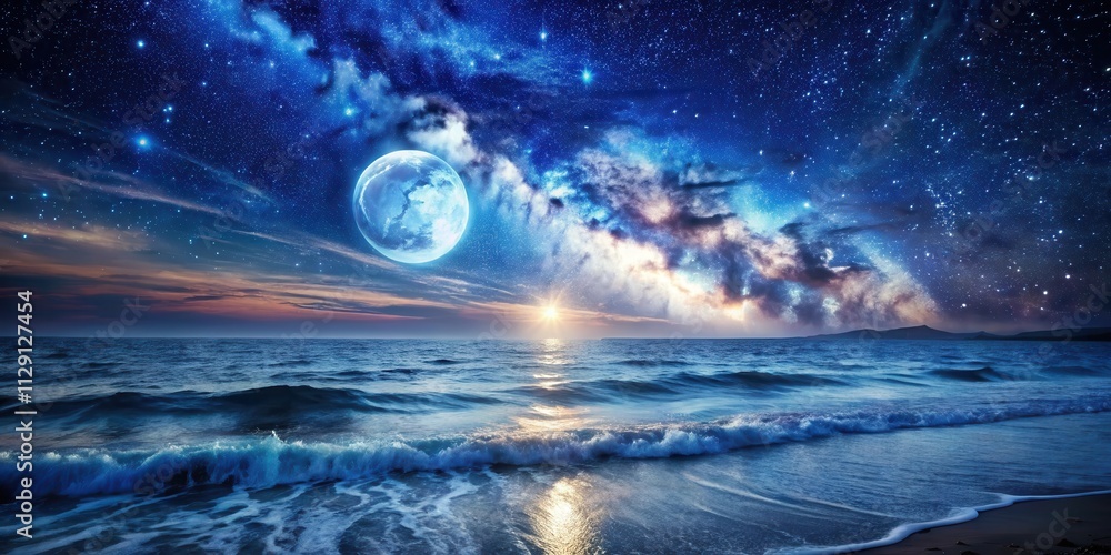 A celestial spectacle unfolds over a tranquil ocean, a luminous moon and twinkling stars illuminating the night sky, casting a magical glow on the crashing waves A celestial spectacle unfolds over a tranquil ocean, a luminous moon and twinkling stars illuminating the night sky, casting a magical glow on the crashing waves