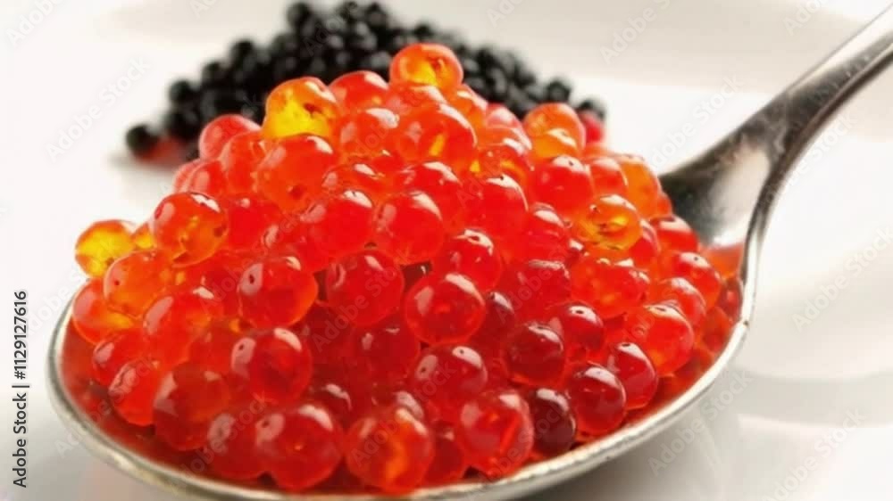 Red Caviar in a spoon, fish roe background. Close-up of salmon fish roe caviar. Delicatessen. Texture of trout caviar. Backdrop. Seafood Red Caviar in a spoon, fish roe background. Close-up of salmon fish roe caviar. Delicatessen. Texture of trout caviar. Backdrop. Seafood