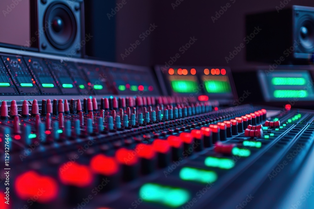 A close-up view of a professional audio mixing console with colorful buttons and illuminated controls, showcasing a vibrant music production environment. A close-up view of a professional audio mixing console with colorful buttons and illuminated controls, showcasing a vibrant music production environment.