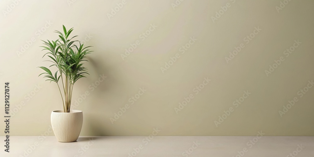 A single potted plant with green foliage sits in front of a muted green wall. A single potted plant with green foliage sits in front of a muted green wall.
