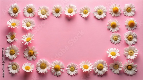 A delicate frame of white daisies on a soft pink background, perfect for a romantic message or a springtime celebration.