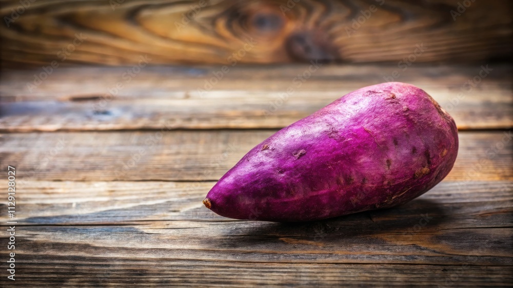 A single purple sweet potato rests on a rustic wooden surface, showcasing its natural beauty and vibrant color. A single purple sweet potato rests on a rustic wooden surface, showcasing its natural beauty and vibrant color.