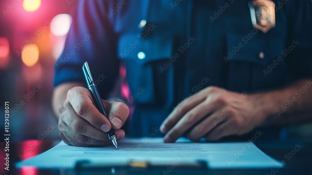 Police Officer Issuing a Legal Citation for a Violation with Documents Police Officer Issuing a Legal Citation for a Violation with Documents