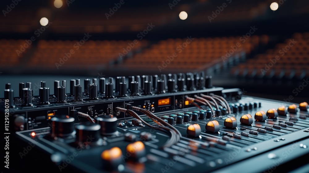 A close-up view of a sound mixer at a concert venue, highlighting controls and lights, with empty seating in the background. A close-up view of a sound mixer at a concert venue, highlighting controls and lights, with empty seating in the background.