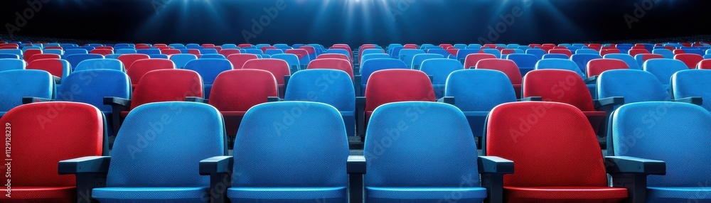 Fototapeta premium A vibrant arrangement of red and blue theater seats, illuminated by dramatic overhead lighting, creating a lively and inviting atmosphere.