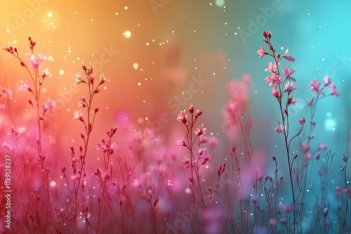 Vibrant wildflowers dance in a colorful meadow under a dreamy twilight sky filled with enchanting sparkles. Generative AI