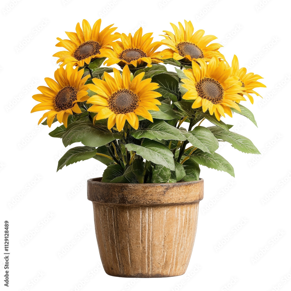 Obraz premium Sunflowers in rustic pot create vibrant and cheerful atmosphere. This beautiful arrangement adds touch of nature to any space, perfect for home or office decor
