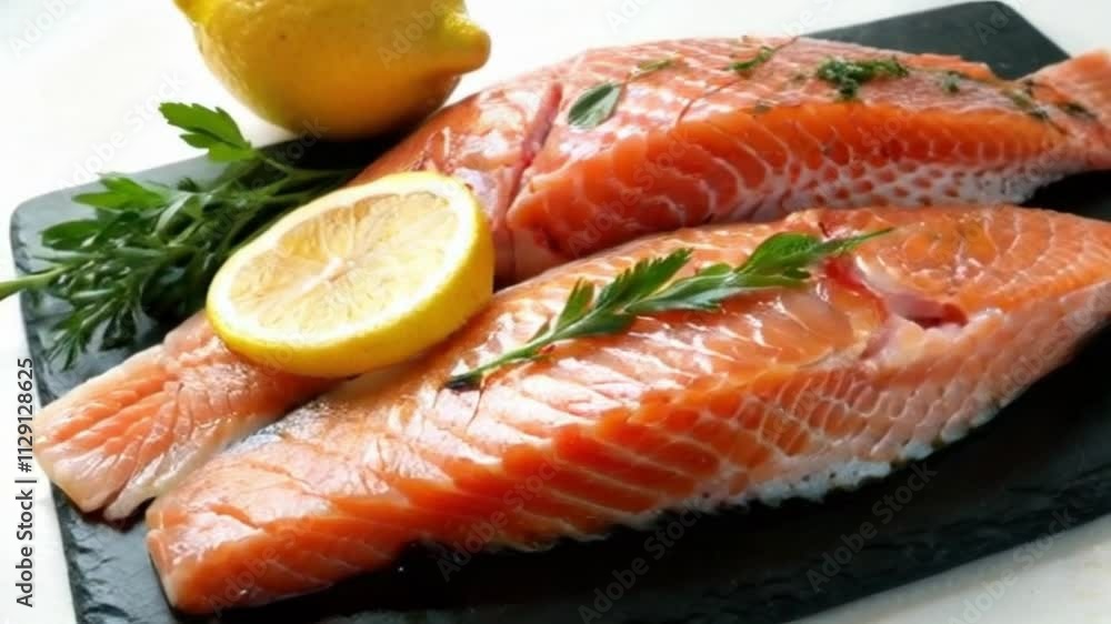 Salmon fish. Raw Trout Red Fish Steak with Herbs and Lemon and olive oil rotation, on slate. Cooking fresh salmon, sea food. Healthy eating concept. Slow motion 4K UHD video Salmon fish. Raw Trout Red Fish Steak with Herbs and Lemon and olive oil rotation, on slate. Cooking fresh salmon, sea food. Healthy eating concept. Slow motion 4K UHD video