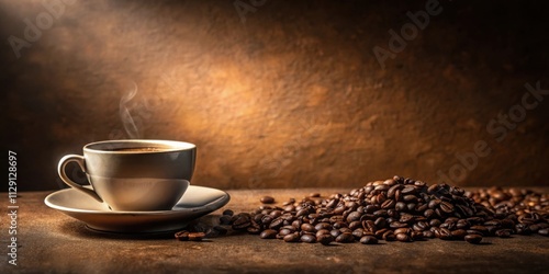 A steaming cup of coffee and a pile of coffee beans on a wooden table, illuminated by a warm spotlight.