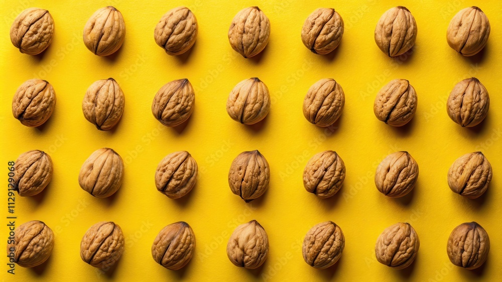 A symmetrical pattern of whole walnuts on a bright yellow surface, showcasing their natural texture and form A symmetrical pattern of whole walnuts on a bright yellow surface, showcasing their natural texture and form