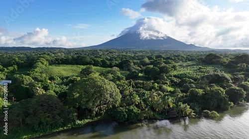Aerial landscape of Ometepe island with volcano on bright sunny morning
