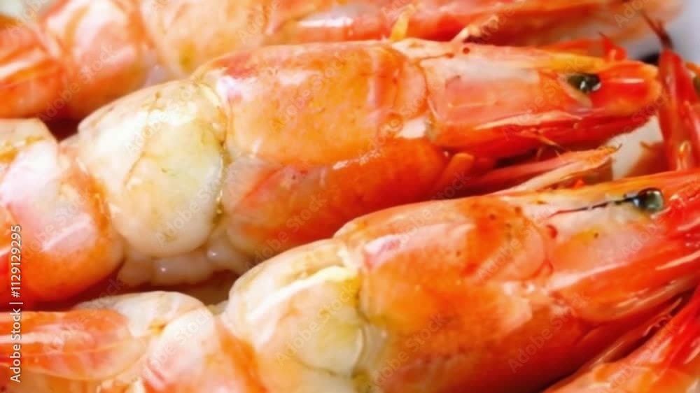 Shrimps. Fresh peeled Prawns rotating background. Preparing healthy sea food, cooking, diet, nutrition concept. Macro shot. Slow motion. Top view Shrimps. Fresh peeled Prawns rotating background. Preparing healthy sea food, cooking, diet, nutrition concept. Macro shot. Slow motion. Top view