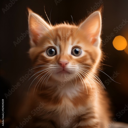 Close-up of an adorable ginger kitten with big eyes. The soft lighting enhances its fluffy fur, creating a heartwarming image.