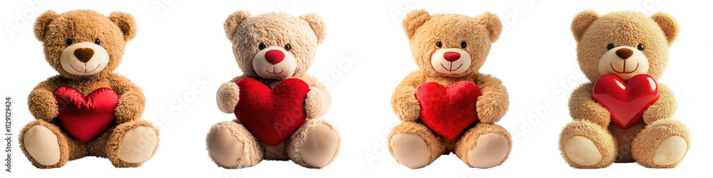 Teddy bear holding a red heart isolated on transparent background, Set of Teddy bear holding a red heart isolated on transparent background, Set of