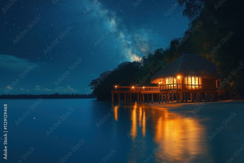 Fototapeta premium Serene and luxurious tropical escape: a stunning overwater bungalow glows under the mesmerizing starry night sky with warm lights