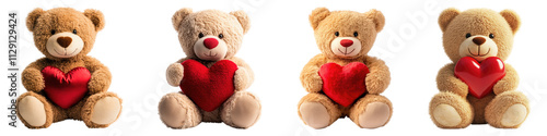 Teddy bear holding a red heart isolated on transparent background, Set of