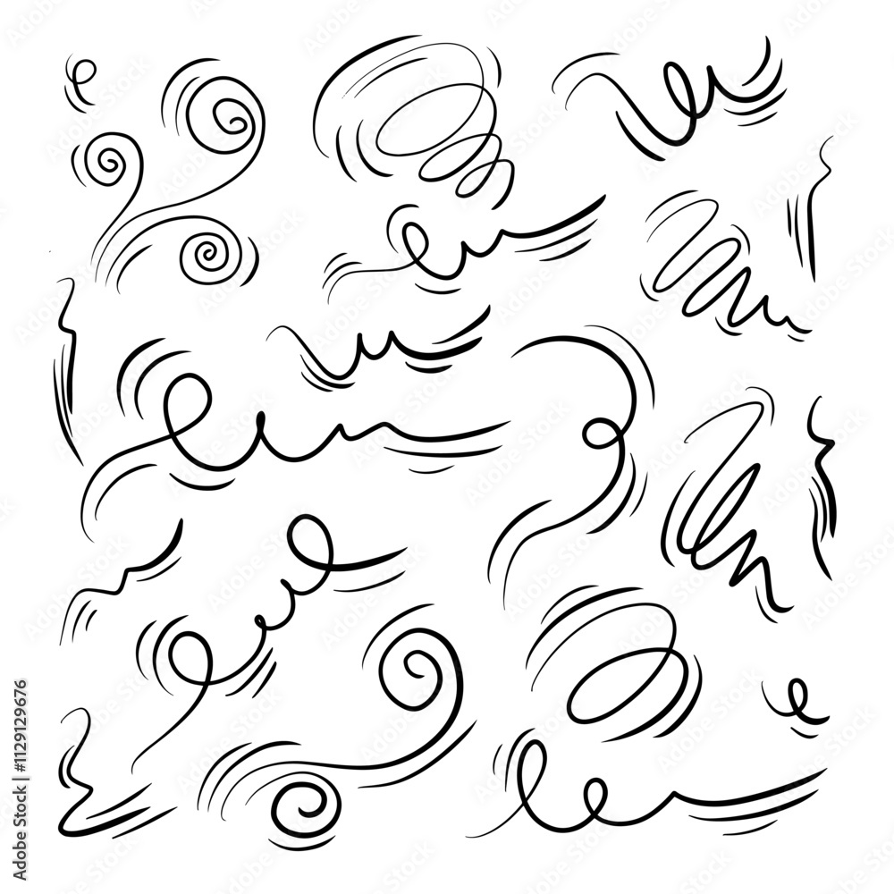 Doodle wind line sketch set. Hand drawn doodle wind movement, air blowing, vortex elements. Sketch of air blowing movement, abstract lines. Doodle wind line sketch set. Hand drawn doodle wind movement, air blowing, vortex elements. Sketch of air blowing movement, abstract lines.