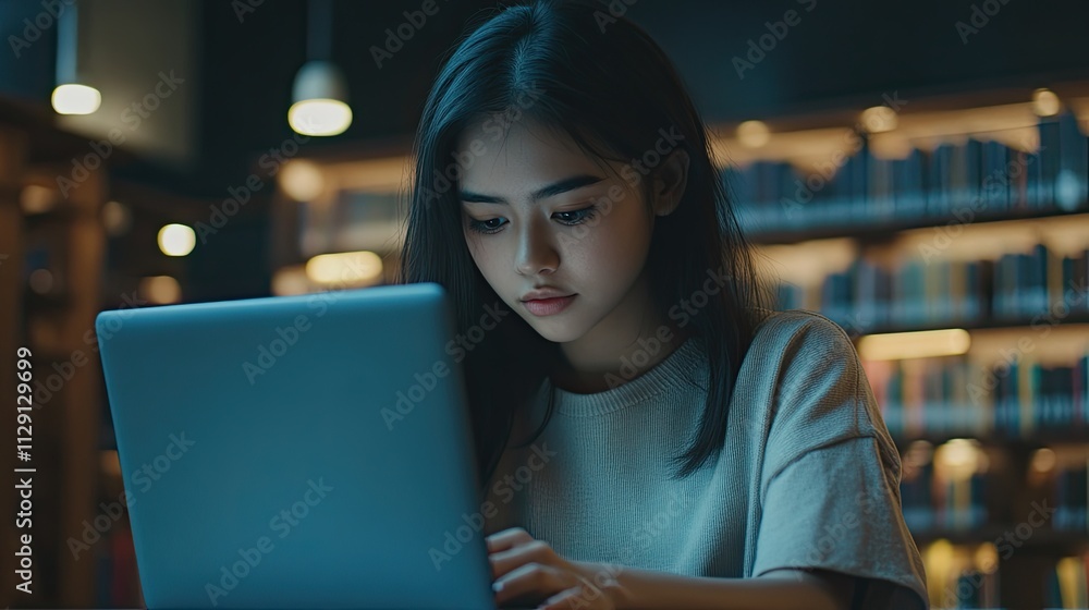 Serous thoughtful young university student girl typing on laptop in public library, background blurry Serous thoughtful young university student girl typing on laptop in public library, background blurry