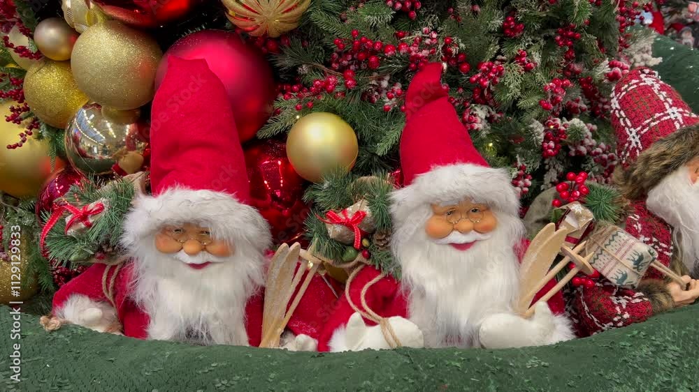 Two Santas holding skis posing under christmas tree Two Santas holding skis posing under christmas tree