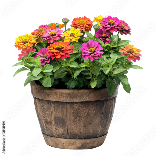 vibrant flower pot filled with colorful zinnia flowers, showcasing shades of pink, orange, and yellow, perfect for brightening up any space