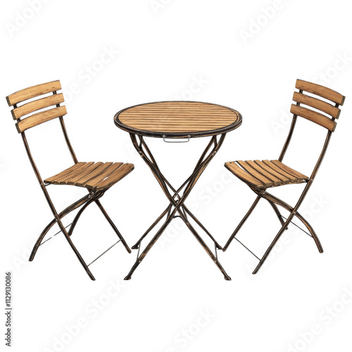 Folding table and chairs set, wooden slats, outdoor dining, modern design, compact furniture, stylish seating, patio decor, space saving, bistro style, versatile use