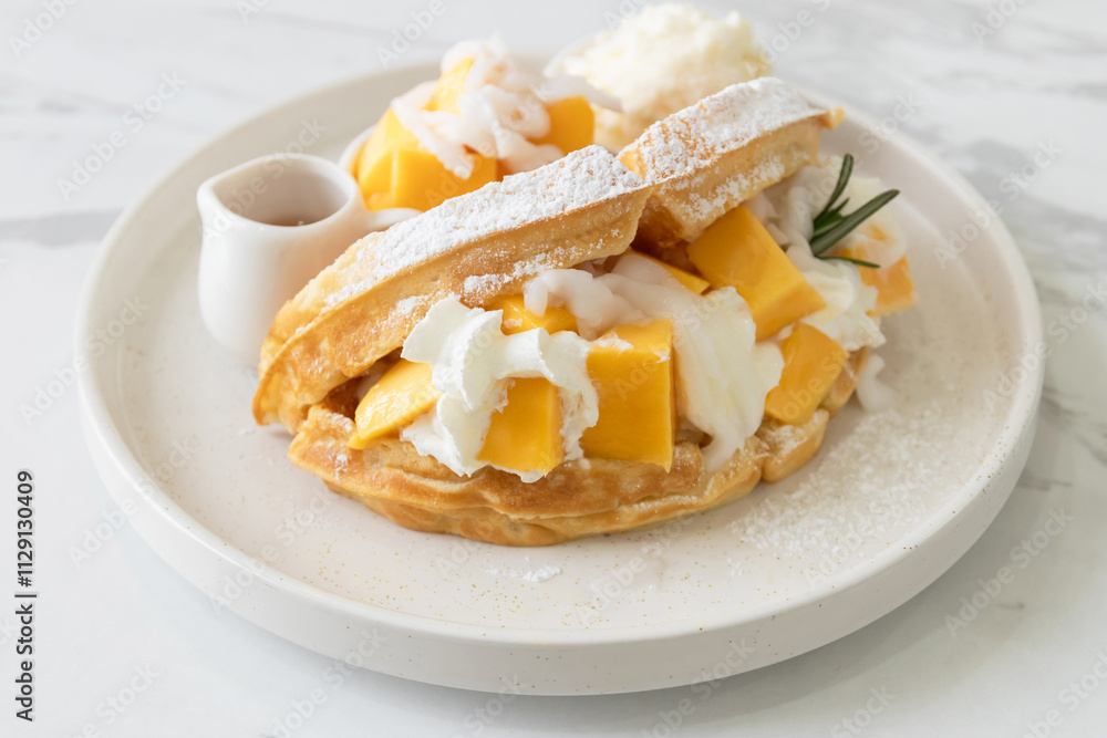 Delicious waffle mango dessert with young coconut and whipped cream.