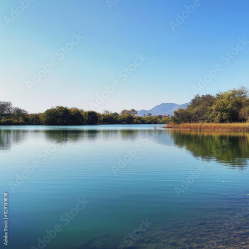 Serene lake reflecting clear sky and distant mountains.