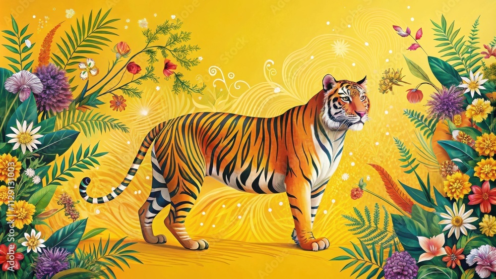 A Majestic Tiger Stands Proudly Amidst a Vibrant Floral Tapestry, Bathed in Warm Golden Light A Majestic Tiger Stands Proudly Amidst a Vibrant Floral Tapestry, Bathed in Warm Golden Light