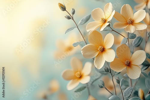 Bright yellow blossoms intricately arranged with soft pastel tones in a serene spring garden setting. Generative AI