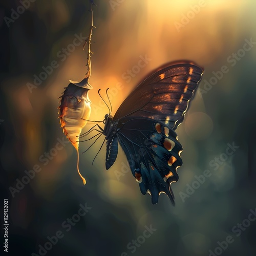 Butterfly Emerging from Chrysalis at Sunrise