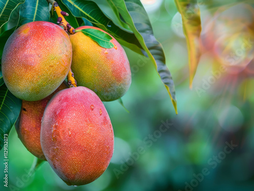 Fresh ripe rainbow mangos or Mahachanok mango on tree branch, fruit in garden photo