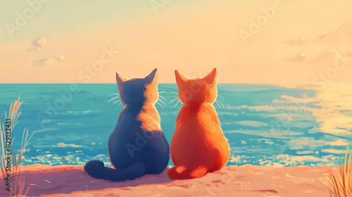 Two cats sit side by side, gazing at the ocean during a vibrant sunset photo