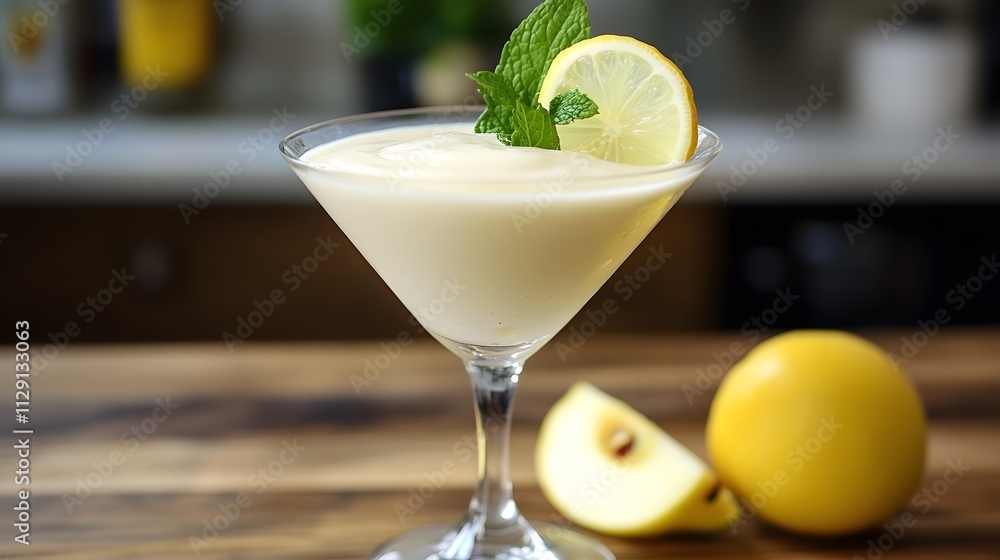 A photo of an almond milk lemon cocktail in a martini glass, garnished with a lemon slice, on a bar counter A photo of an almond milk lemon cocktail in a martini glass, garnished with a lemon slice, on a bar counter