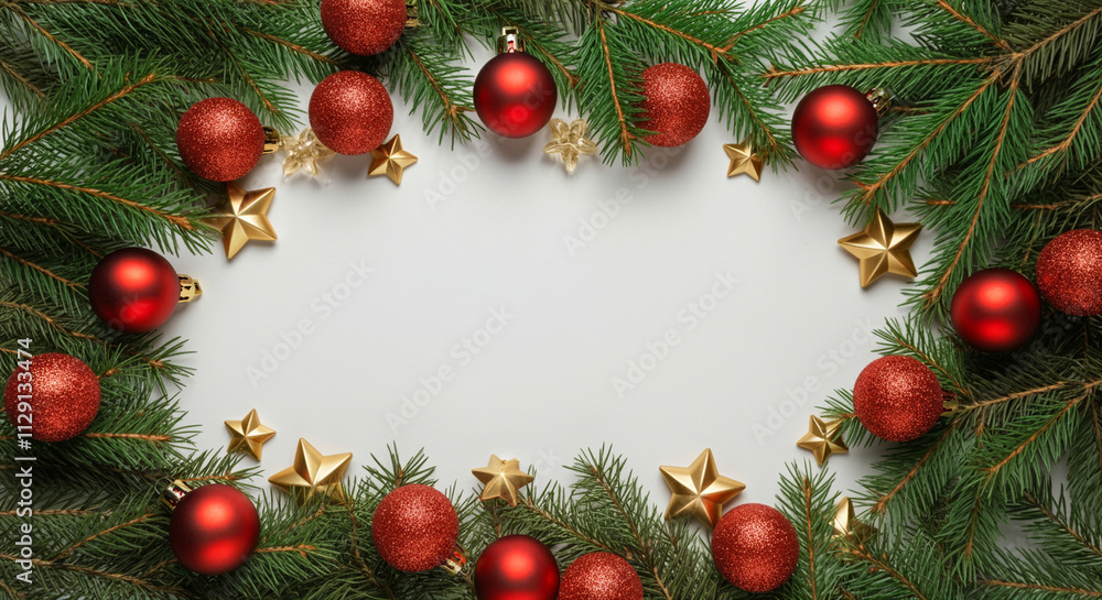 Christmas ornaments and decorations arranged with holiday decor on festive green pine branches Christmas ornaments and decorations arranged with holiday decor on festive green pine branches