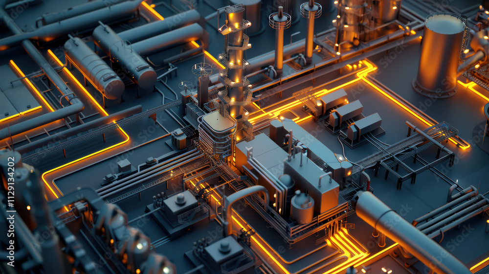 Aerial view of modern industrial facility with glowing pipelines and machinery, showcasing advanced technology and intricate designs. vibrant orange lines highlight complexity of setup Aerial view of modern industrial facility with glowing pipelines and machinery, showcasing advanced technology and intricate designs. vibrant orange lines highlight complexity of setup