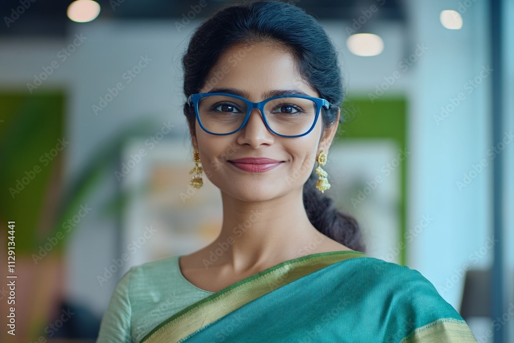 Fototapeta premium Cinematic close-up of an Indian woman in green sari and blue-framed glasses, smiling in an office, soft lighting highlighting her features, modern office background with neutral tones 3