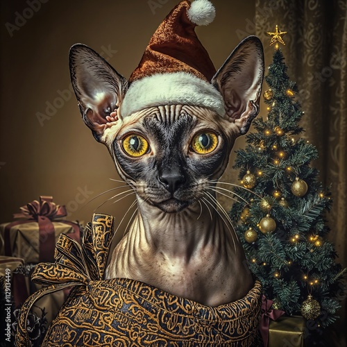  A realistic portrait of the cat in the world as Santa Claus, wearing a Santa hat 